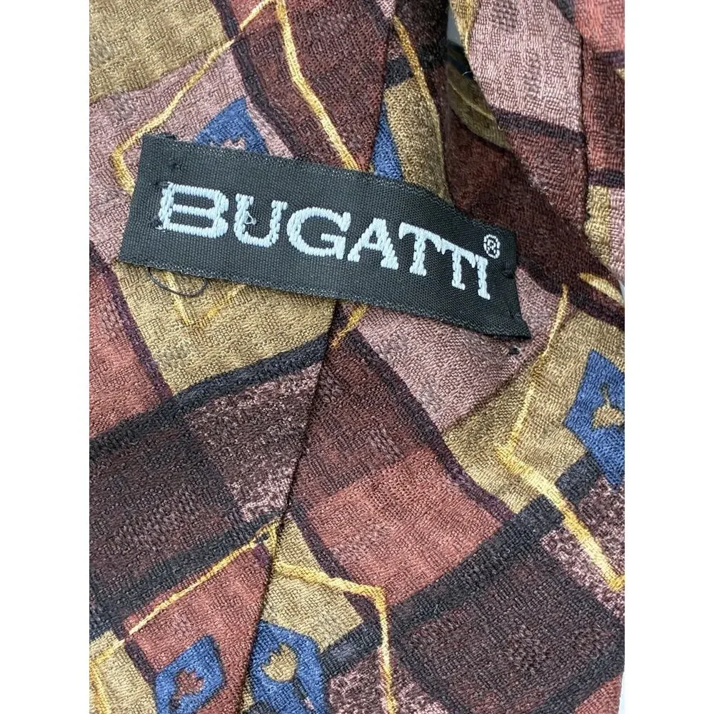 Vintage Bugatti Italian Silk Necktie Brown Geometric Abstract Mens Tie